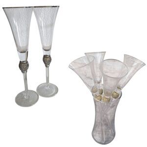 Vintage Champagne Flutes Set of 6 Gold Silver Beaded Stems Celebration Toast